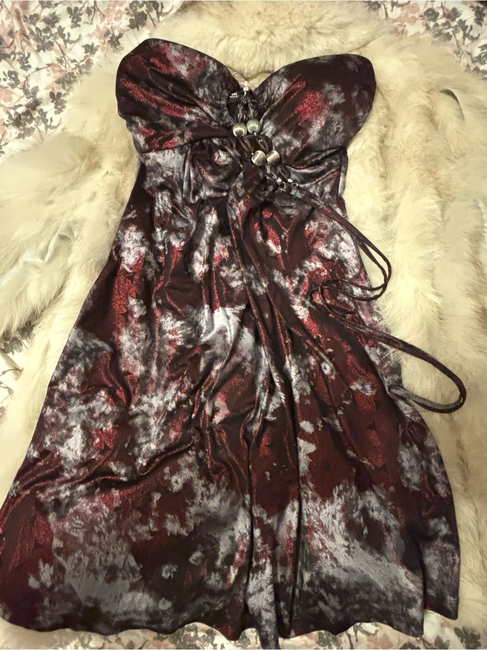 Seductions Vintage Bejewelled Tie Neck Burgundy and Silver Tie-Dye Mini Dress